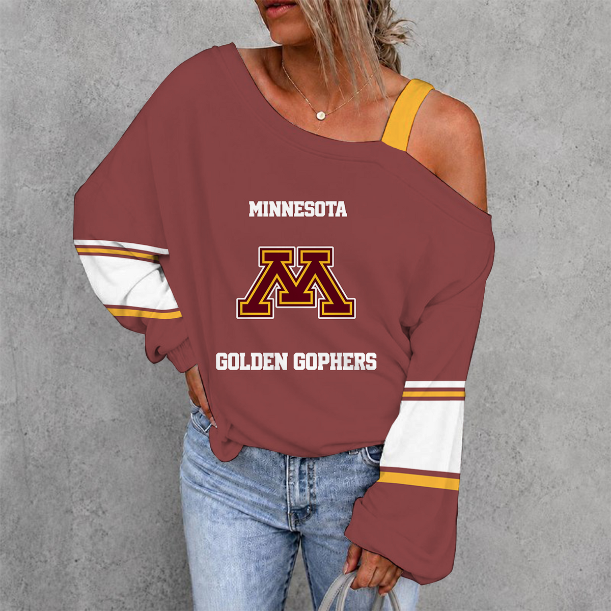 [PUCK DROP DEAL] NEW CUSTOMIZED NCAA MFF02 MGG MINNESOTA GOLDEN GOPHERS WOMEN'S OFF-SHOULDER LONG SLEEVE SHIRT