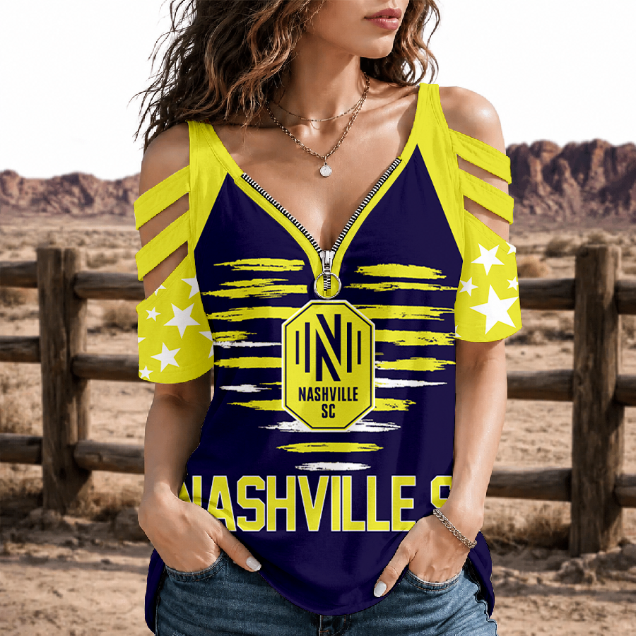 [GOAL DEAL] NEW CUSTOMIZED MLS02 NSC NASHVILLE SC STRAPPY COLD-SHOULDER TOP