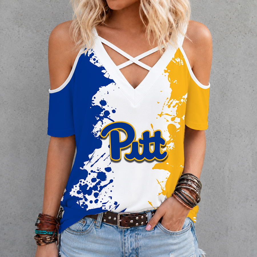 [TOUCHDOWN DEAL]NEW CUSTOMIZED NCAA FBS02 PIP PITTSBURGH PANTHERS CRISS CROSS V-NECK TOP