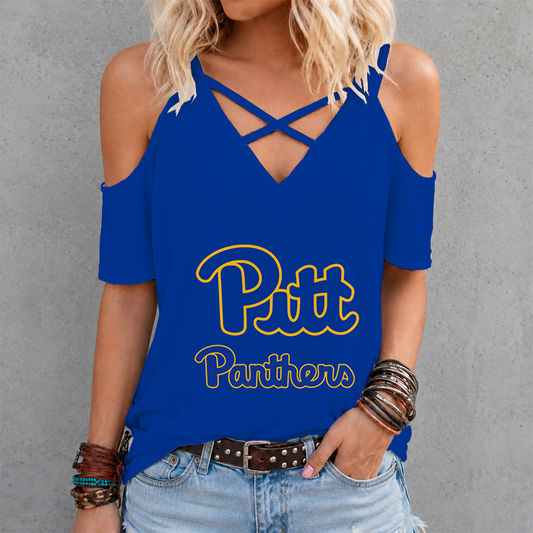 [TOUCHDOWN DEAL] NEW CUSTOMIZED NCAA FBS02 PIP PITTSBURGH PANTHERS CRISS CROSS V-NECK TOP