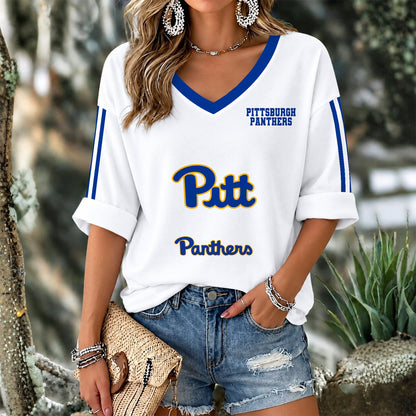 [TOUCHDOWN DEAL] NEW CUSTOMIZED NCAA FBS02 PIP PITTSBURGH PANTHERS WOMEN'S V-NECK LONG SLEEVE SHIRT