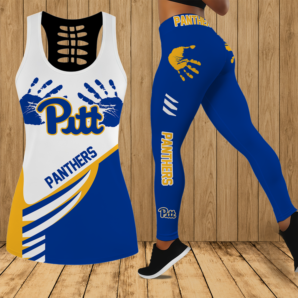 [TOUCHDOWN DEAL]NEW CUSTOMIZED NCAA FBS02 PIP PITTSBURGH PANTHERS HOLLOW TANK TOP & LEGGINGS SET