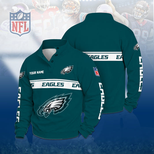 [TOUCHDOWN DEAL] NEW CUSTOMIZED NFL02 PPE THE EAGLES QUARTER-BUTTON STAND-COLLAR SWEATSHIRT
