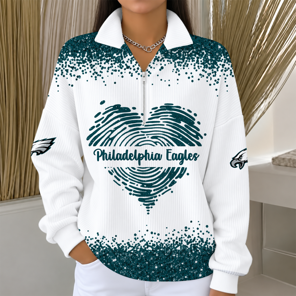 [TOUCHDOWN DEAL] NEW CUSTOMIZED NFL02 PPE THE EAGLES QUARTER ZIP RIBBED SWEATER