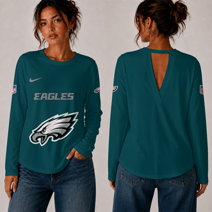 [TOUCHDOWN DEAL] NEW CUSTOMIZED NFL02 PPE THE EAGLES WOMEN'S BACK V-CUT LONG-SLEEVE SHIRT