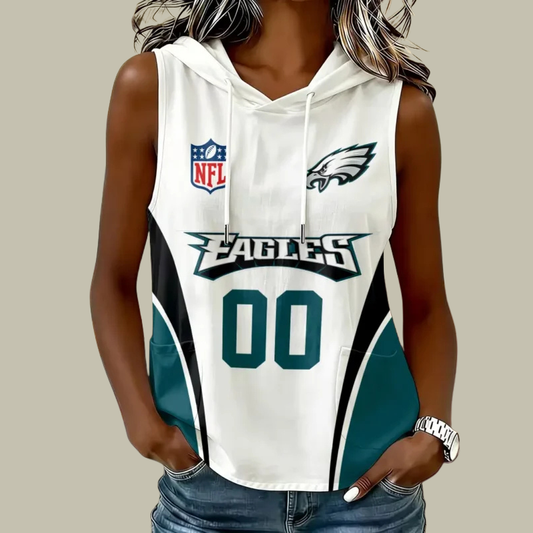 [TOUCHDOWN DEAL] NEW CUSTOMIZED NFL02 PPE PHILADELPHIA EAGLES WOMEN'S SLEEVELESS HOODED POCKET TANK TOP