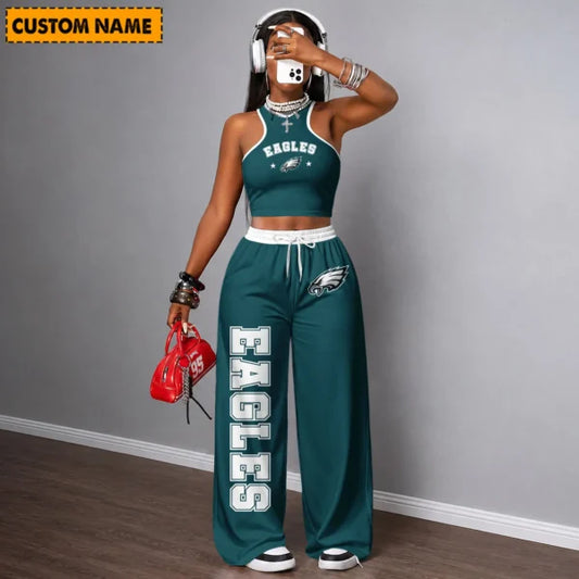 [TOUCHDOWN DEAL] NEW CUSTOMIZED NFL02 PPE PHILADELPHIA EAGLES WOMEN'S CROP TOP & LONGPANTS SET