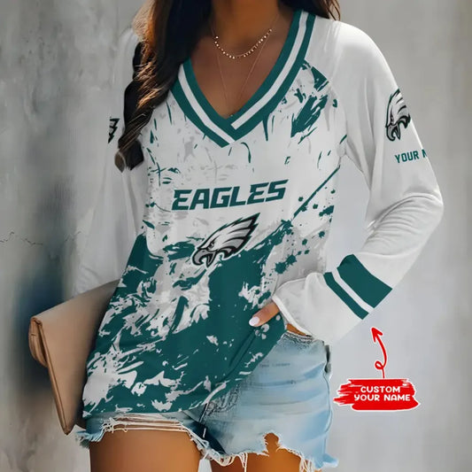 [TOUCHDOWN DEAL] NEW CUSTOMIZED NFL02 PPE PHILADELPHIA EAGLES WOMEN'S V-NECK LONG SLEEVED SHIRT