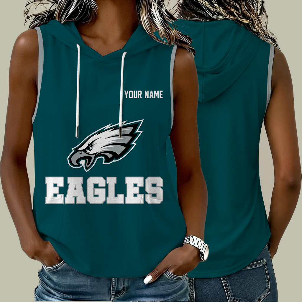 [TOUCHDOWN DEAL] NEW CUSTOMIZED NFL02 PPE PHILADELPHIA EAGLES WOMEN'S SLEEVELESS HOODED POCKET TANK TOP