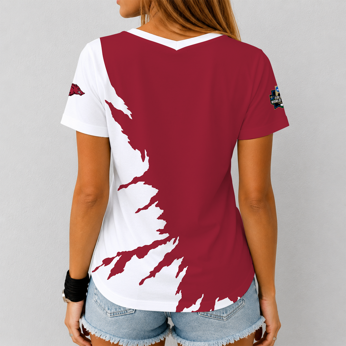 [HOMERUN DEAL] NEW CUSTOMIZED NCAA CWS03 AKR ARKANSAS RAZORBACKS V-NECK FEMALE SHIRT