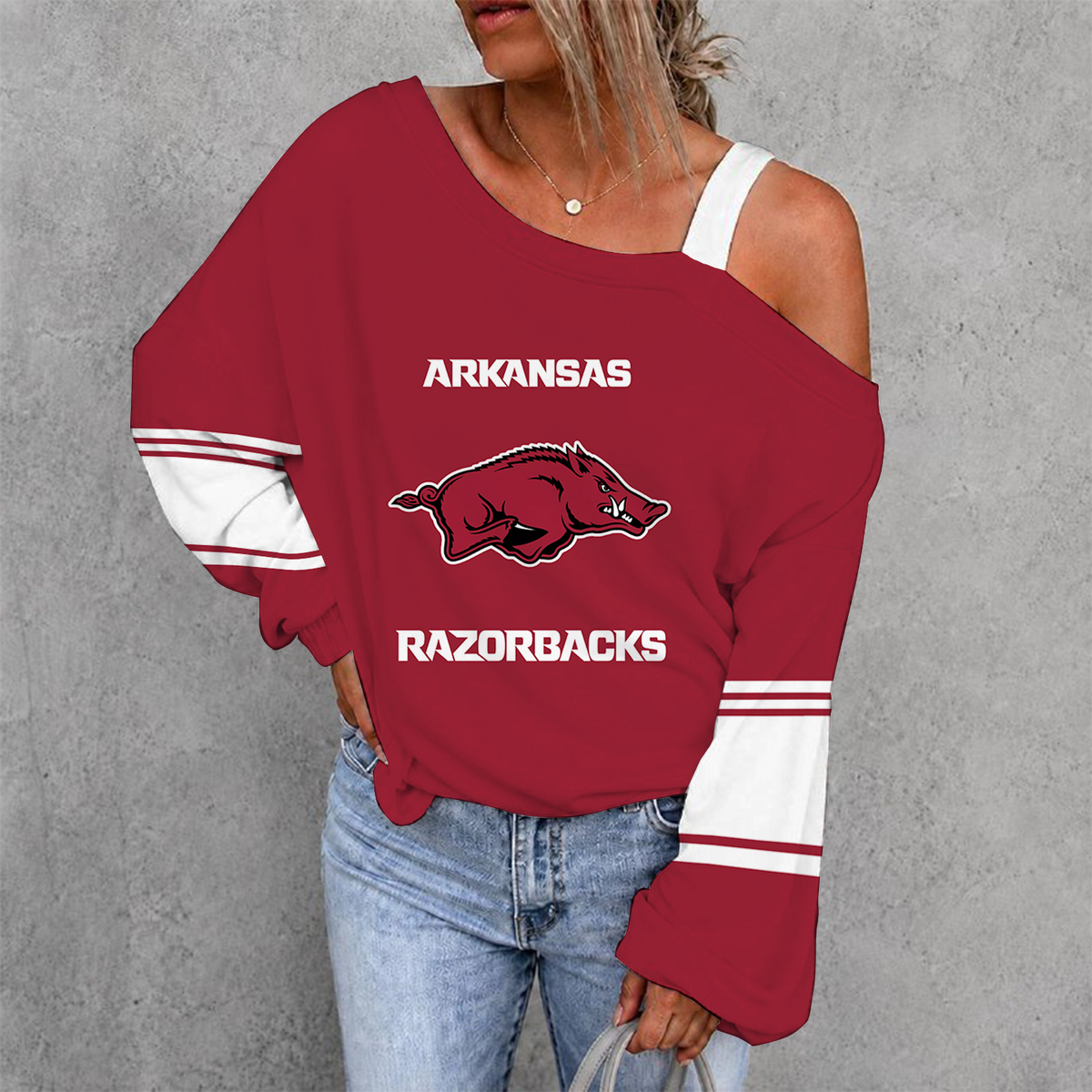 [HOMERUN DEAL] NEW CUSTOMIZED NCAA CWS03 AKR ARKANSAS RAZORBACKS WOMEN'S OFF-SHOULDER LONG SLEEVE SHIRT