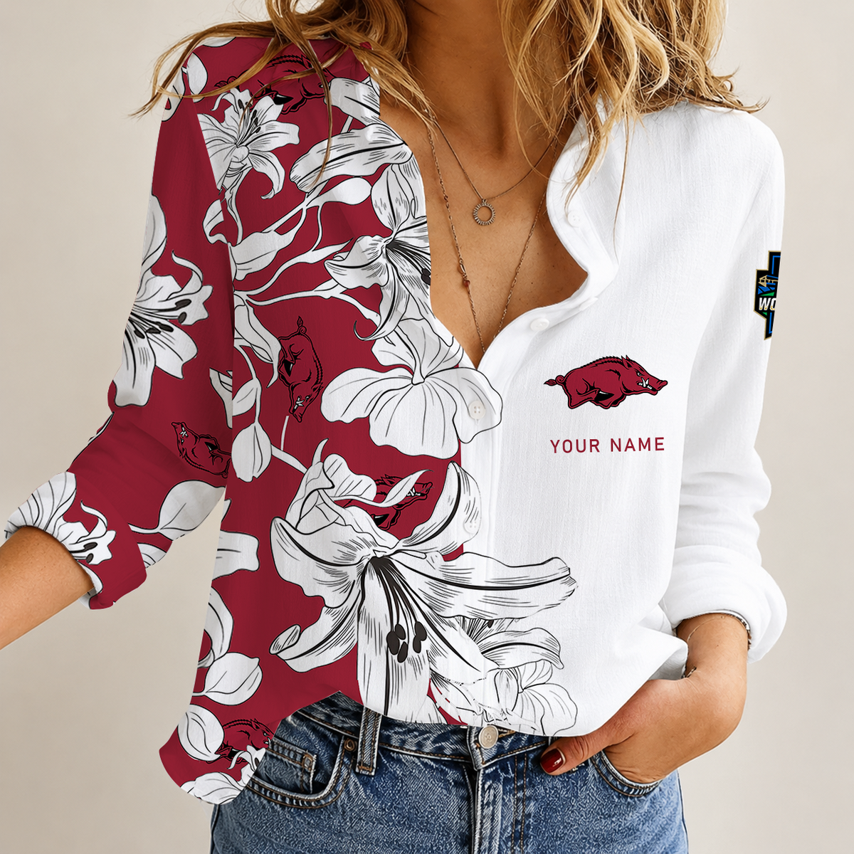 [HOMERUN DEAL] NEW CUSTOMIZED NCAA CWS03 AKR ARKANSAS RAZORBACKS WOMEN CASUAL SHIRT
