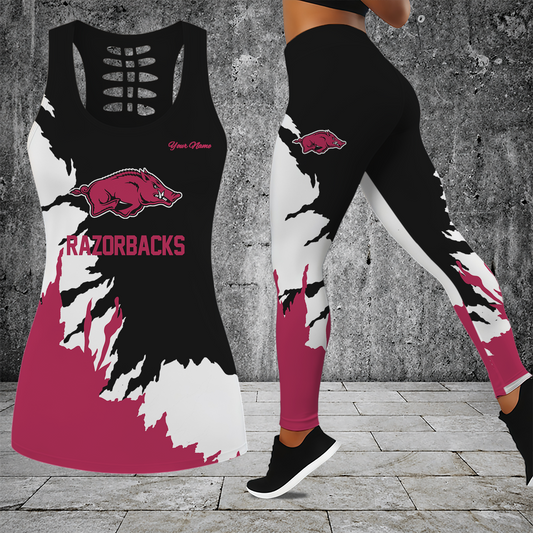 [HOMERUN DEAL] NEW CUSTOMIZED NCAA CWS03 AKR ARKANSAS RAZORBACKS HOLLOW TANK TOP & LEGGINGS SET
