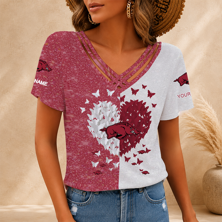 [FAN FAVORITE] NEW CUSTOMIZED NCAA CWS03 AKR ARKANSAS RAZORBACKS V-NECK SHIRT