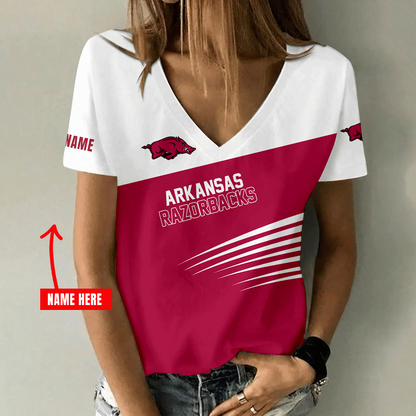 [FAN FAVORITE] NEW CUSTOMIZED NCAA CWS03 AKR ARKANSAS RAZORBACKS V-NECK FEMALE SHIRT