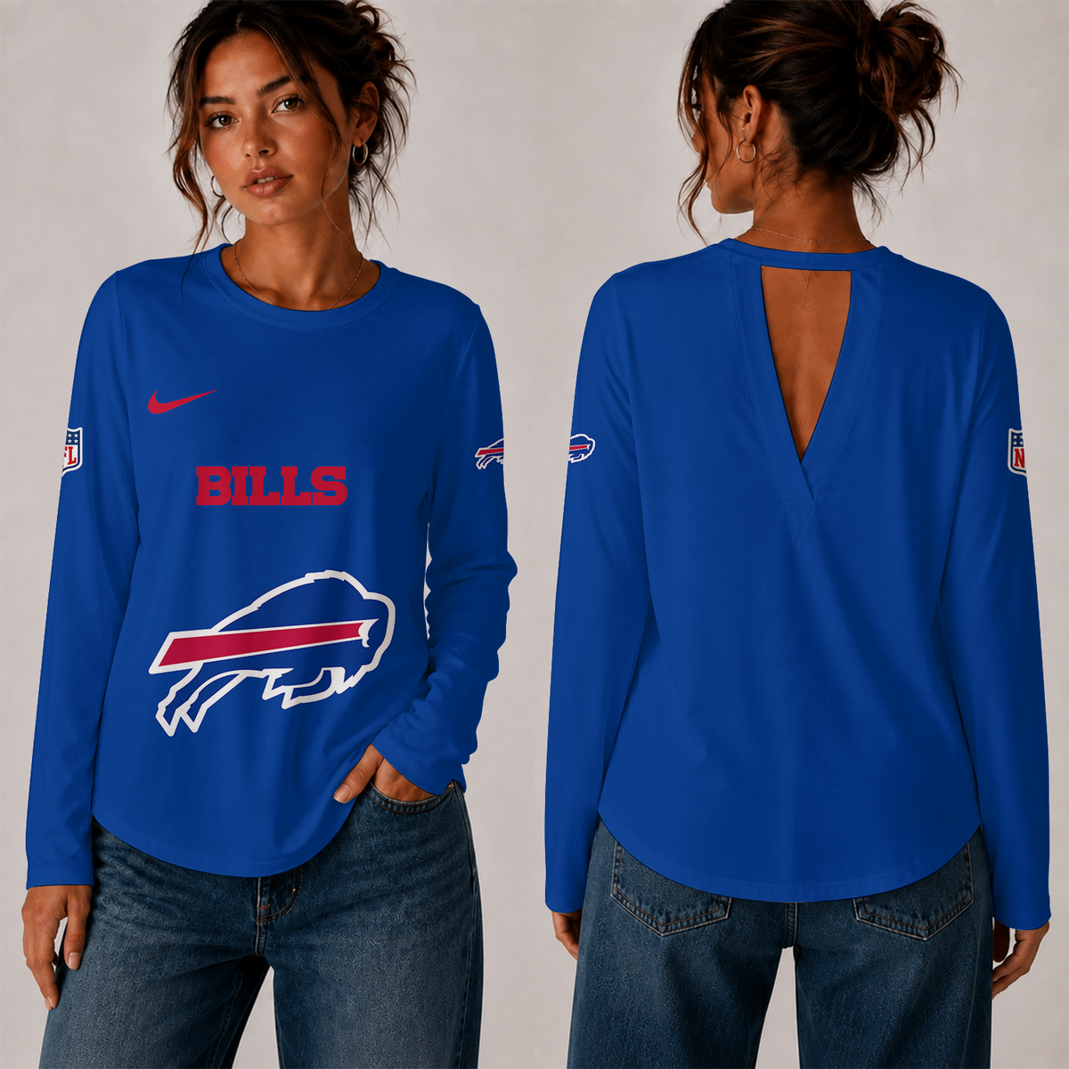 [TOUCHDOWN DEAL] NEW CUSTOMIZED NFL03 BFB THE BILLS WOMEN'S BACK V-CUT LONG-SLEEVE SHIRT