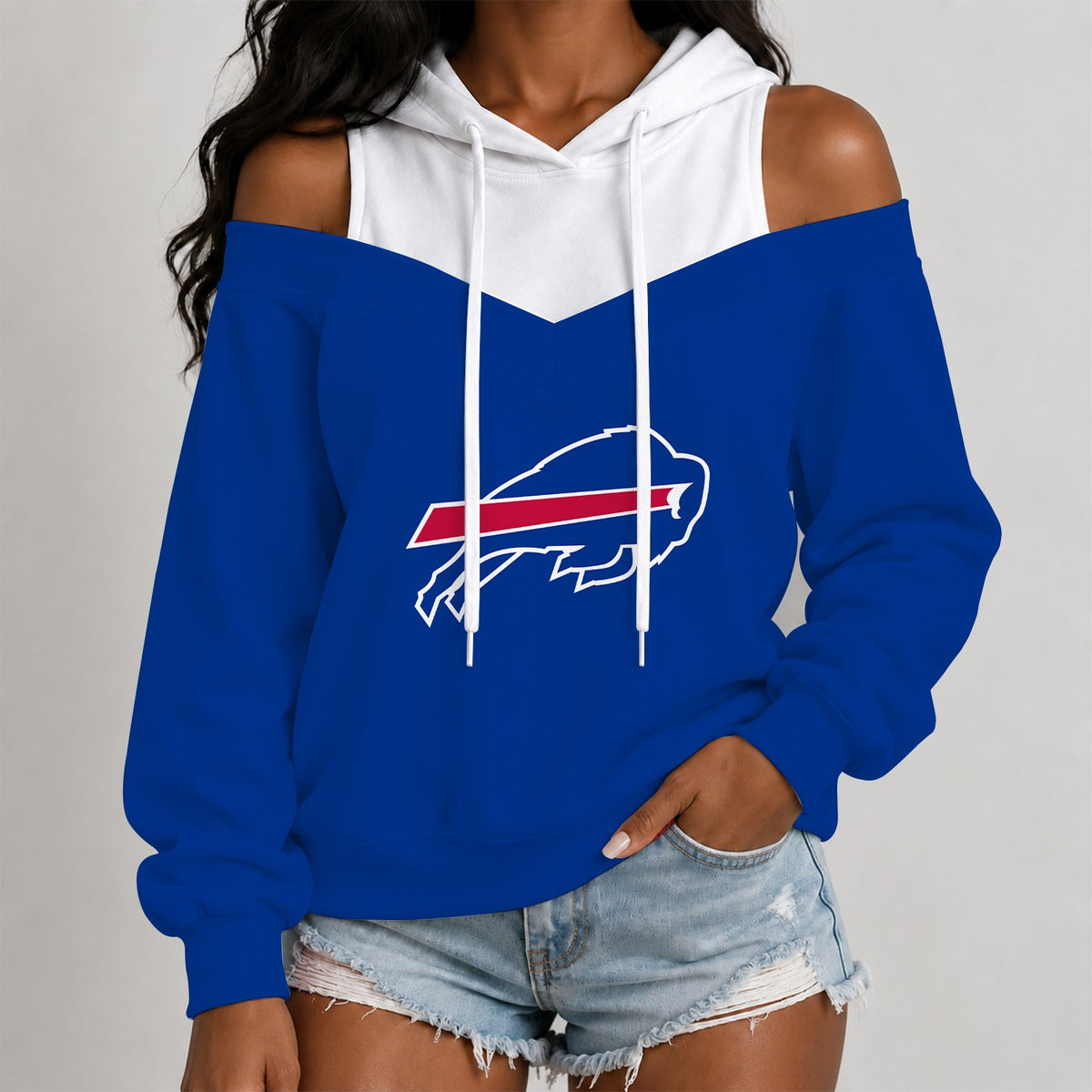 [TOUCHDOWN DEAL] NEW CUSTOMIZED NFL03 BFB THE BILLS WOMEN'S OFF-SHOULDER HOODIE