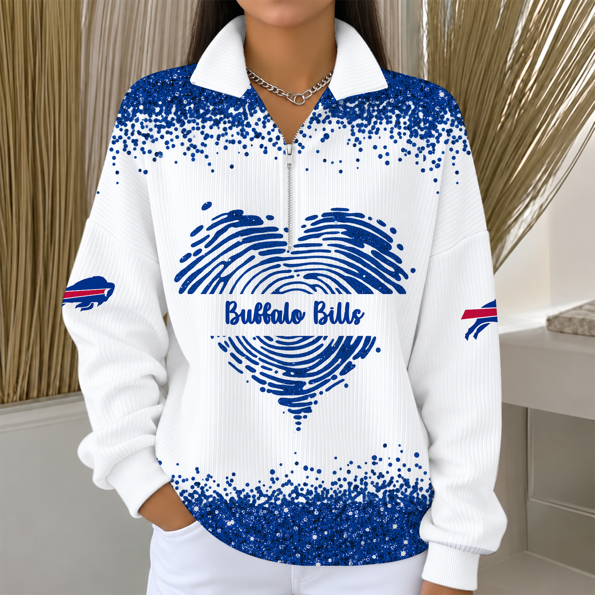 [TOUCHDOWN DEAL] NEW CUSTOMIZED NFL03 BFB THE BILLS QUARTER ZIP RIBBED SWEATER