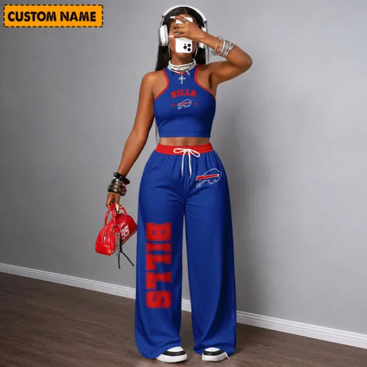 [TOUCHDOWN DEAL] NEW CUSTOMIZED NFL03 BFB BUFFALO BILLS WOMEN'S CROP TOP & LONGPANTS SET