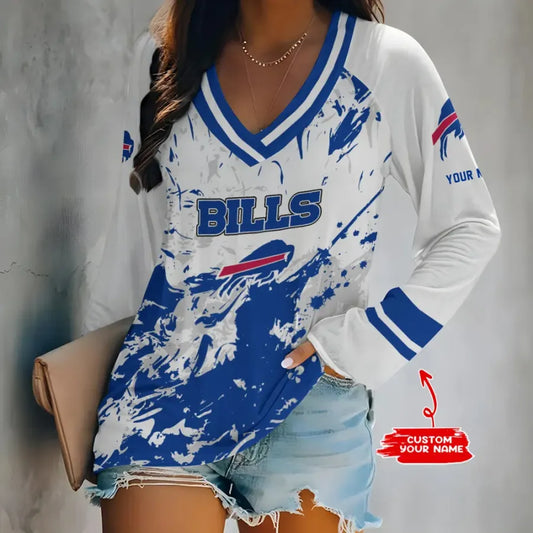 [TOUCHDOWN DEAL] NEW CUSTOMIZED NFL03 BFB BUFFALO BILLS WOMEN'S V-NECK LONG SLEEVED SHIRT
