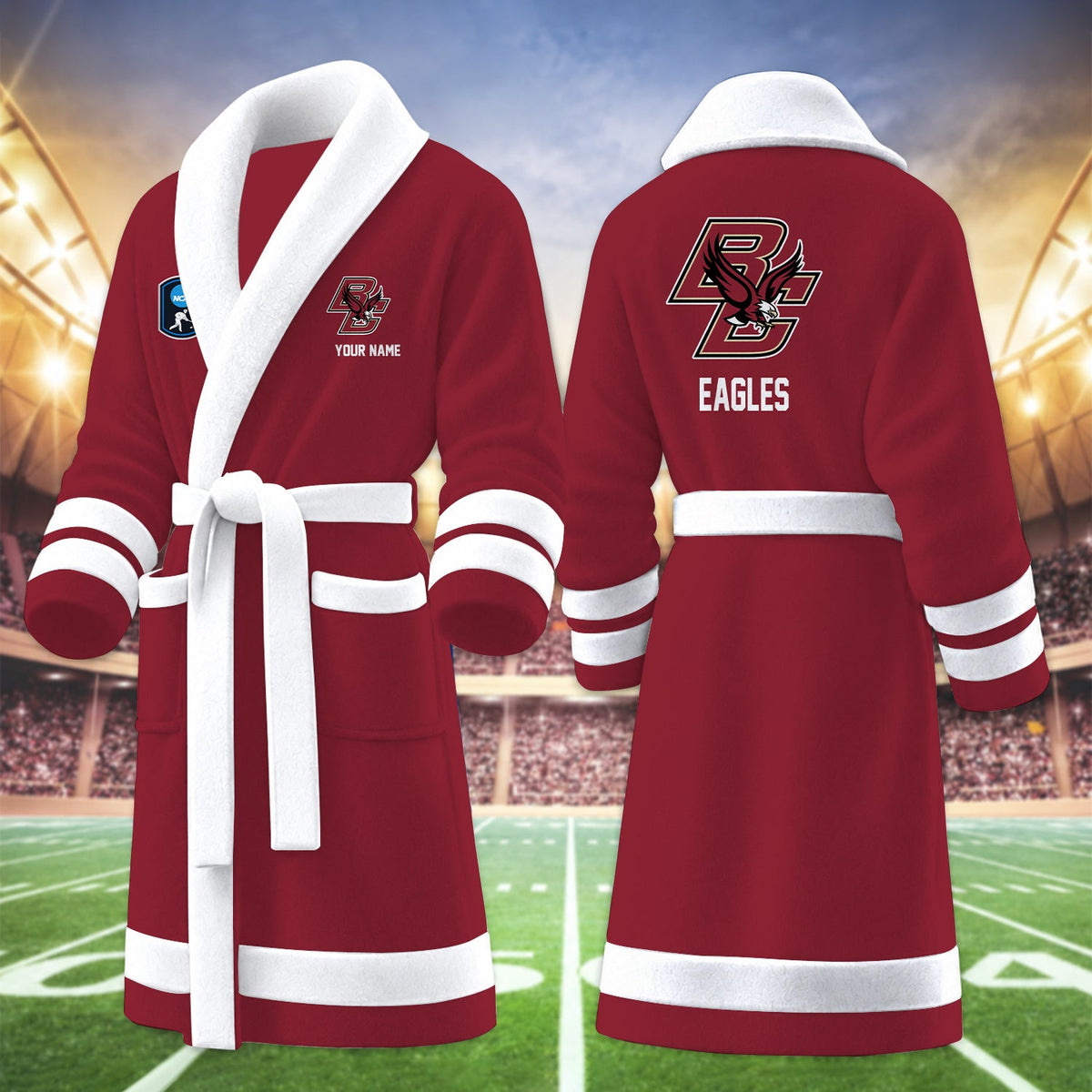 [PUCK DROP DEAL] NEW CUSTOMIZED NCAA MFF03 BOE BOSTON COLLEGE EAGLES MULTICOLOR FLEECE BATHROBE