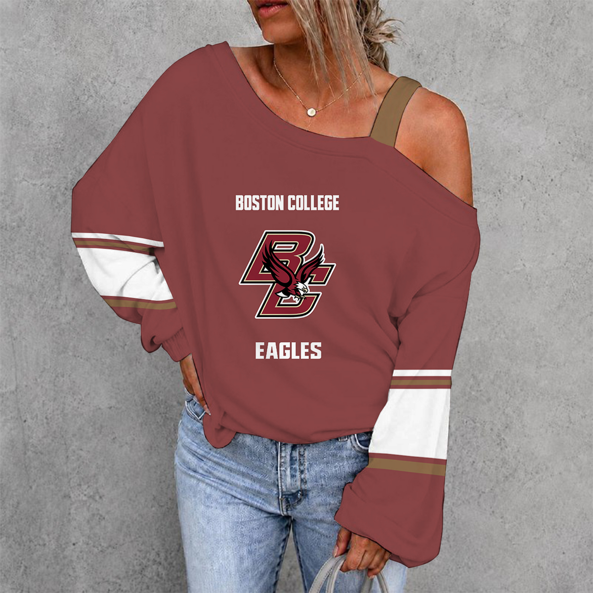 [PUCK DROP DEAL] NEW CUSTOMIZED NCAA MFF03 BOE BOSTON COLLEGE EAGLES WOMEN'S OFF-SHOULDER LONG SLEEVE SHIRT