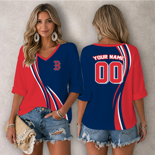 [HOMERUN DEAL] NEW CUSTOMIZED MLB03 BRS BOSTON RED SOX WOMEN'S HEART V-NECK LONG SLEEVE SHIRT