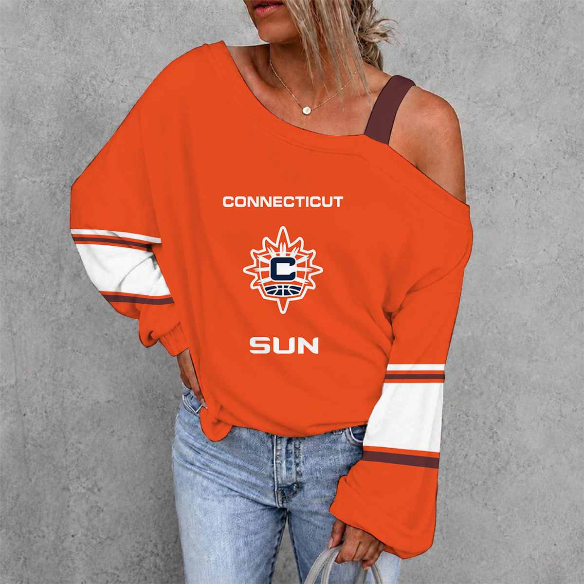 [HOOPS SPECIAL] NEW CUSTOMIZED WNBA03 CTS CONNECTICUT SUN WOMEN'S OFF-SHOULDER LONG SLEEVE SHIRT