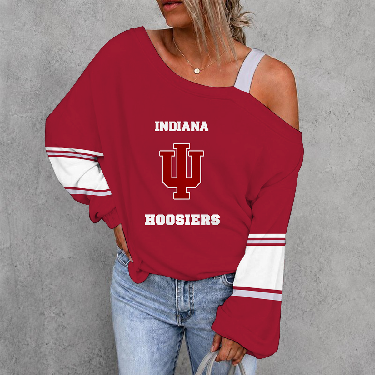 [SLAM DUNK DEAL] NEW CUSTOMIZED NCAA MAM03 IDH INDIANA HOOSIERS WOMEN'S OFF-SHOULDER LONG SLEEVE SHIRT