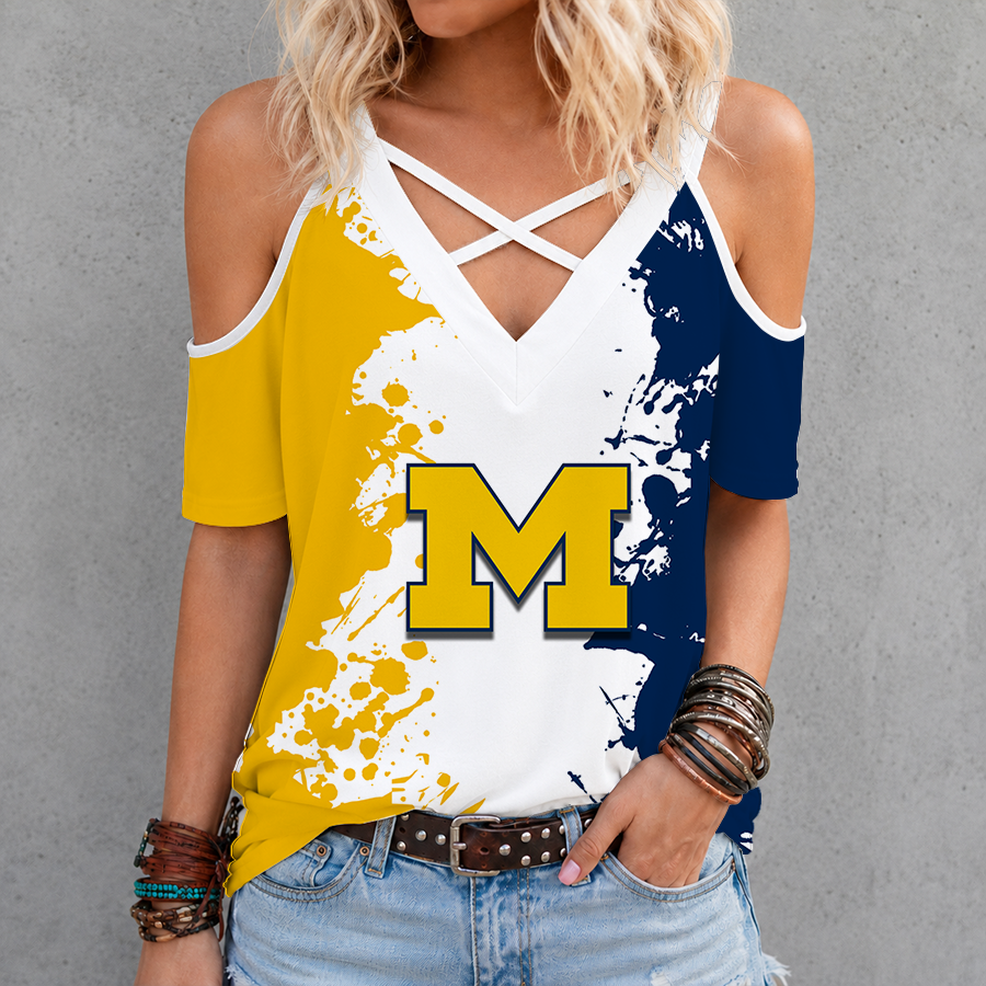 [TOUCHDOWN DEAL]NEW CUSTOMIZED NCAA FBS03 MIW MICHIGAN WOLVERINES CRISS CROSS V-NECK TOP