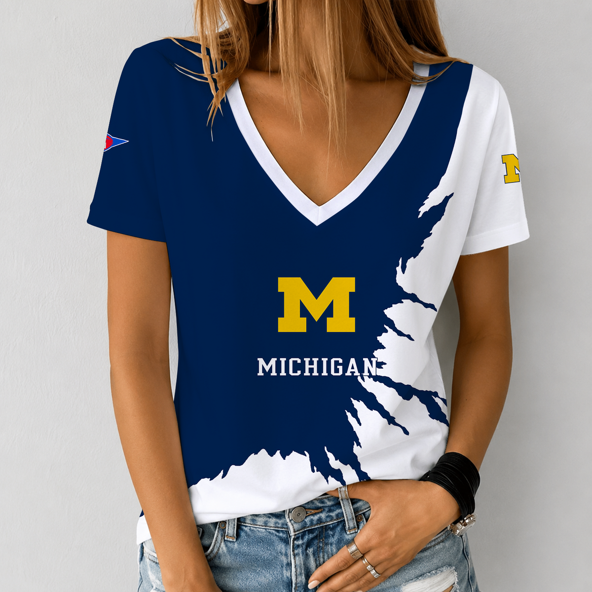 [TOUCHDOWN DEAL] NEW CUSTOMIZED NCAA FBS03 MIW MICHIGAN WOLVERINES V-NECK FEMALE SHIRT