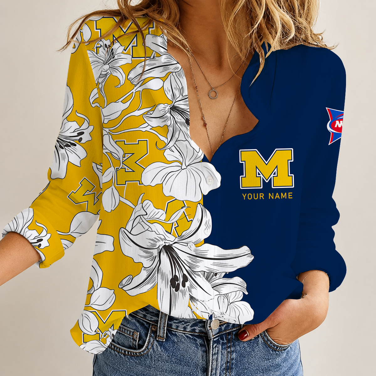 [TOUCHDOWN DEAL] NEW CUSTOMIZED NCAA FBS03 MIW MICHIGAN WOLVERINES WOMEN CASUAL SHIRT