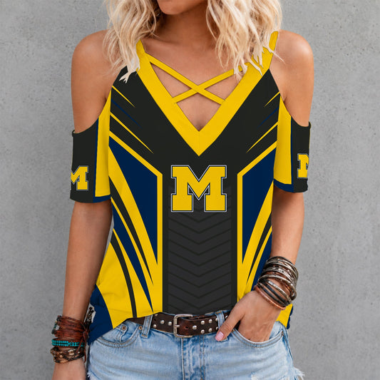 [TOUCHDOWN DEAL] NEW CUSTOMIZED NCAA FBS03 MIW MICHIGAN WOLVERINES CRISS CROSS V-NECK TOP