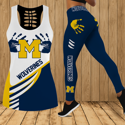 [TOUCHDOWN DEAL]NEW CUSTOMIZED NCAA FBS03 MIW MICHIGAN WOLVERINES HOLLOW TANK TOP & LEGGINGS SET