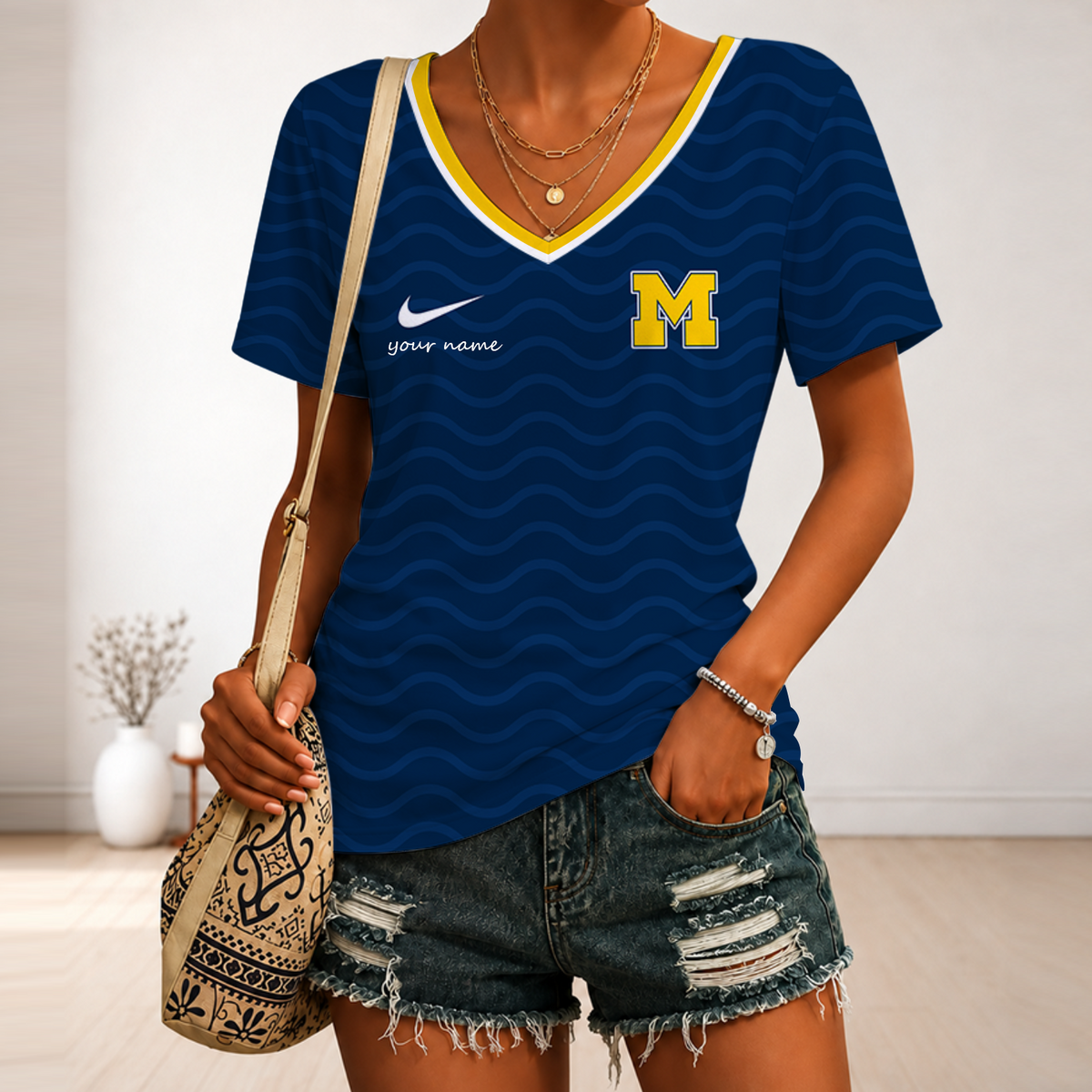 [TOUCHDOWN DEAL]NEW CUSTOMIZED NCAA FBS03 MIW MICHIGAN WOLVERINES V-NECK FEMALE SHIRT