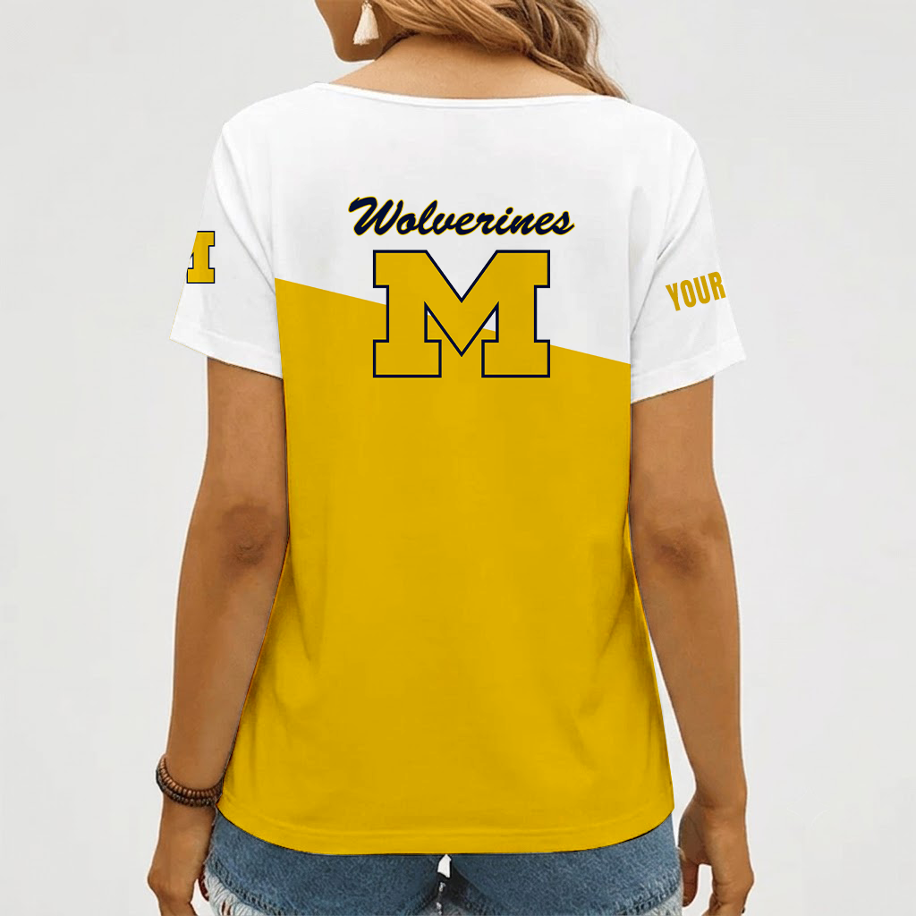 [FAN FAVORITE] NEW CUSTOMIZED NCAA FBS03 MIW MICHIGAN WOLVERINES V-NECK FEMALE SHIRT