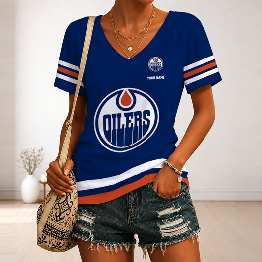 [PUCK DROP DEAL] NEW CUSTOMIZED NHL03 EMO EDMONTON OILERS V-NECK FEMALE SHIRT