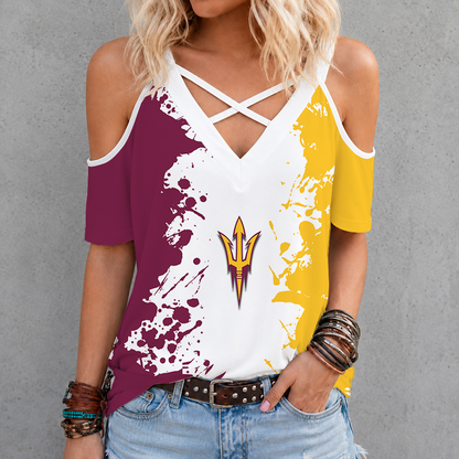 [TOUCHDOWN DEAL]NEW CUSTOMIZED NCAA FBS04 ASS ARIZONA STATE SUN DEVILS CRISS CROSS V-NECK TOP