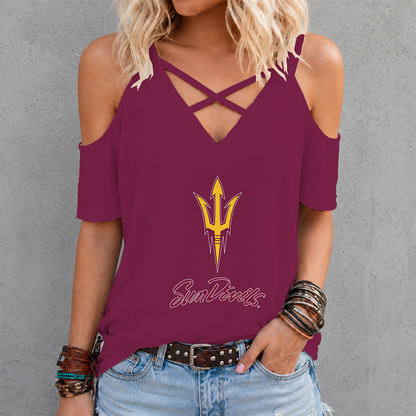 [FAN FAVORITE] NEW CUSTOMIZED NCAA FBS04 ASS ARIZONA STATE SUN DEVILS CRISS CROSS V-NECK TOP