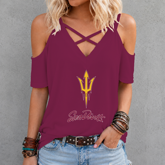 [TOUCHDOWN DEAL] NEW CUSTOMIZED NCAA FBS04 ASS ARIZONA STATE SUN DEVILS CRISS CROSS V-NECK TOP