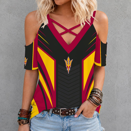 [TOUCHDOWN DEAL] NEW CUSTOMIZED NCAA FBS04 ASS ARIZONA STATE SUN DEVILS CRISS CROSS V-NECK TOP