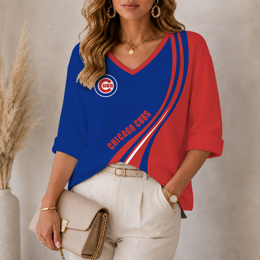 [HOMERUN DEAL] NEW CUSTOMIZED MLB04 CCS CHICAGO CUBS WOMEN'S HEART V-NECK LONG SLEEVE SHIRT