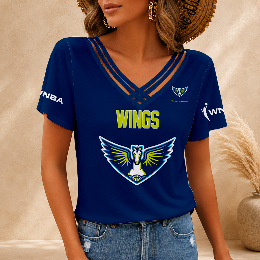 [HOOPS SPECIAL] NEW CUSTOMIZED WNBA04 DLW DALLAS WINGS V-NECK SHIRT