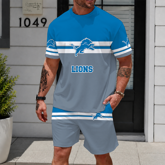 [TOUCHDOWN DEAL] NEWCUSTOMIZED NFL04 DTL DETROIT LIONS UNISEX T-SHIRT & SHORTS SET