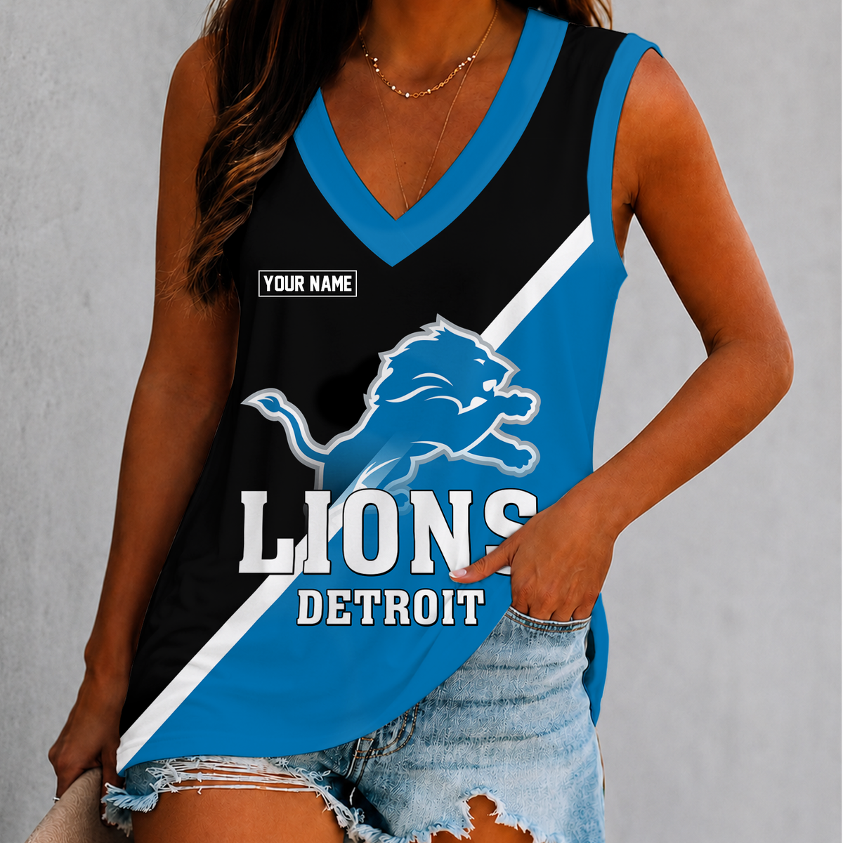 [TOUCHDOWN DEAL] NEW CUSTOMIZED NFL04 DTL DETROIT LIONS WOMEN'S V-NECK TANK TOP