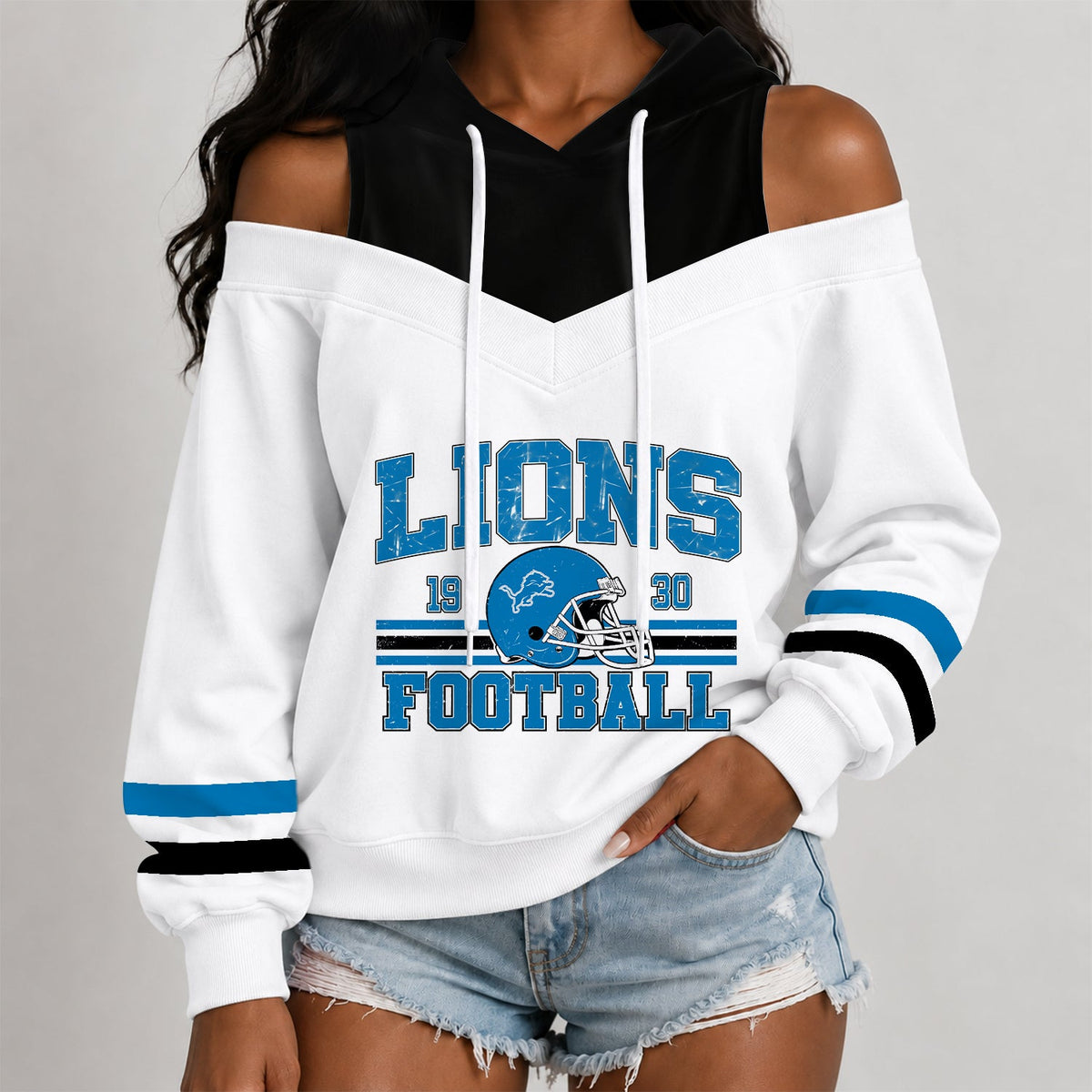 [TOUCHDOWN DEAL] NEW CUSTOMIZED NFL04 DTL THE LIONS WOMEN'S OFF-SHOULDER HOODIE