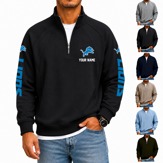 [TOUCHDOWN DEAL] NEW CUSTOMIZED NFL04 DTL DETROIT LIONS MEN'S QUARTER ZIP PULLOVER