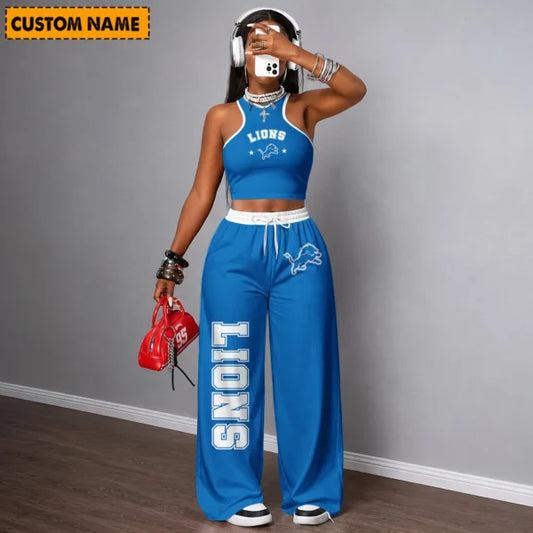 [TOUCHDOWN DEAL] NEW CUSTOMIZED NFL04 DTL DETROIT LIONS WOMEN'S CROP TOP & LONGPANTS SET