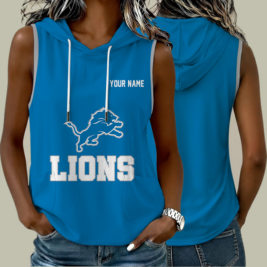 [TOUCHDOWN DEAL] NEW CUSTOMIZED NFL04 DTL DETROIT LIONS WOMEN'S SLEEVELESS HOODED POCKET TANK TOP