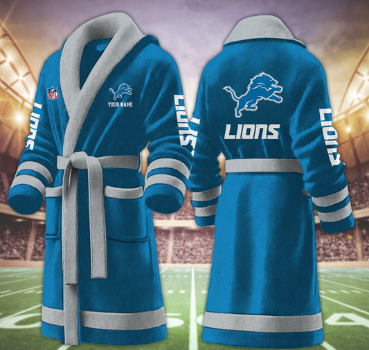 [TOUCHDOWN DEAL] NEW CUSTOMIZED NFL04 DTL DETROIT LIONS MULTICOLOR FLEECE BATHROBE